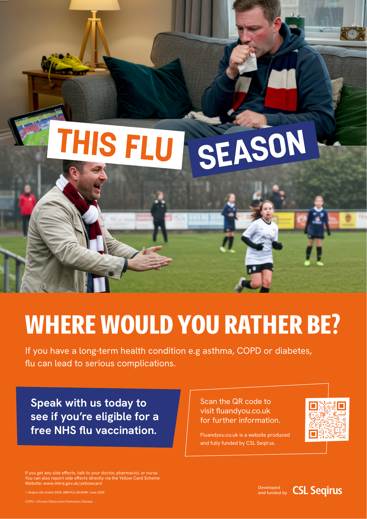 NHS flu vaccination campaign poster for people at risk of serious complications